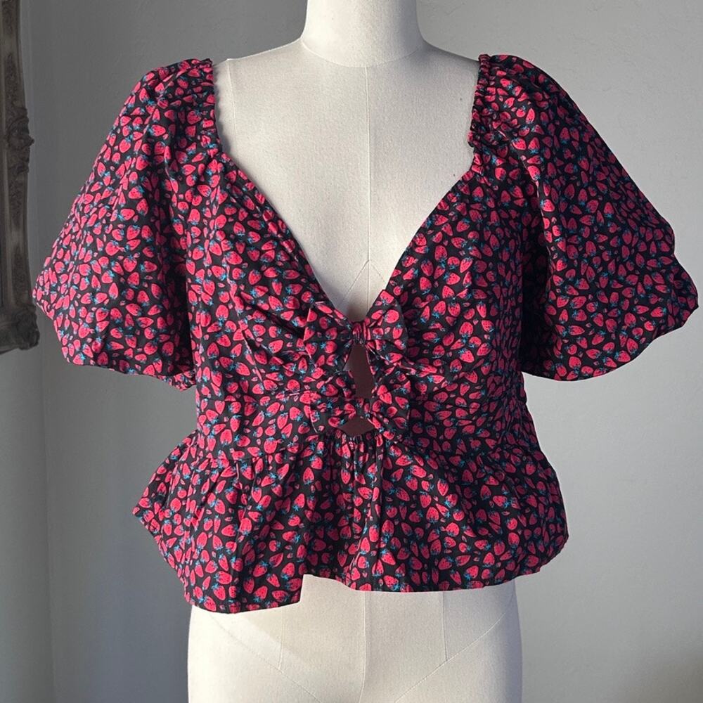 Strawberry Print Bow Front Puff Sleeve Peplum Crop Top Romantic Cottagecore XL - Picture 2 of 10